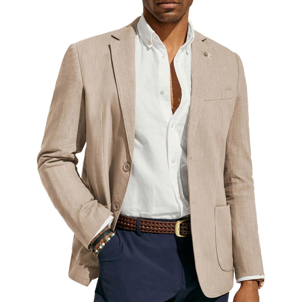 imagePJ PAUL JONES Mens Casual Blazer Lightweight Linen Sport Coat 2 Button Unlined Suit JacketsLight Khaki