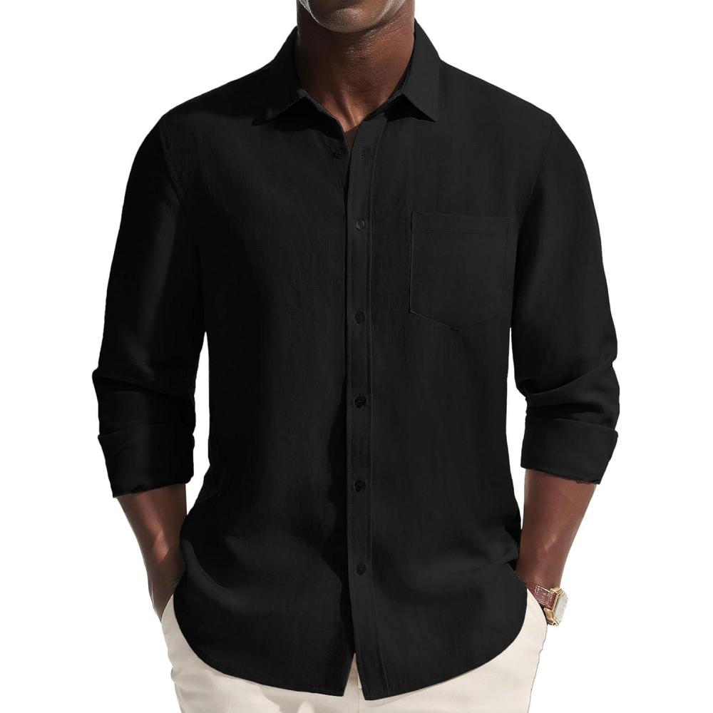 imagePJ PAUL JONES Mens Casual Button Down Shirts Long Sleeve Linen Beach Wedding Shirt Summer Vacation Shirt for MenBlack