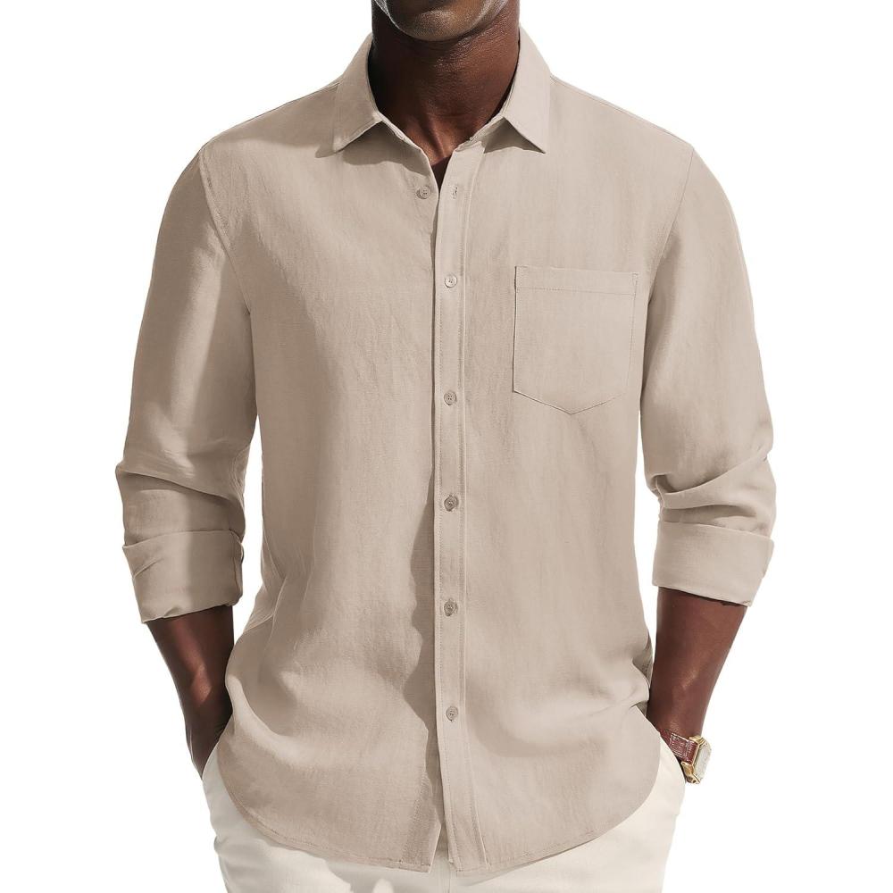 imagePJ PAUL JONES Mens Casual Button Down Shirts Long Sleeve Linen Beach Wedding Shirt Summer Vacation Shirt for MenKhaki