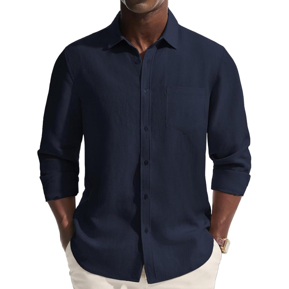 imagePJ PAUL JONES Mens Casual Button Down Shirts Long Sleeve Linen Beach Wedding Shirt Summer Vacation Shirt for MenNavy