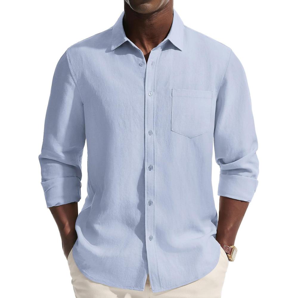 imagePJ PAUL JONES Mens Casual Button Down Shirts Long Sleeve Linen Beach Wedding Shirt Summer Vacation Shirt for MenSky Blue