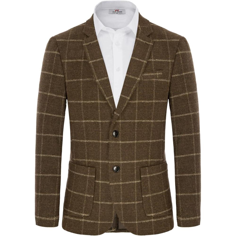 imagePJ PAUL JONES Mens Herringbone Tweed Blazer British Wool Blend Sport Coat JacketCoffeplaid