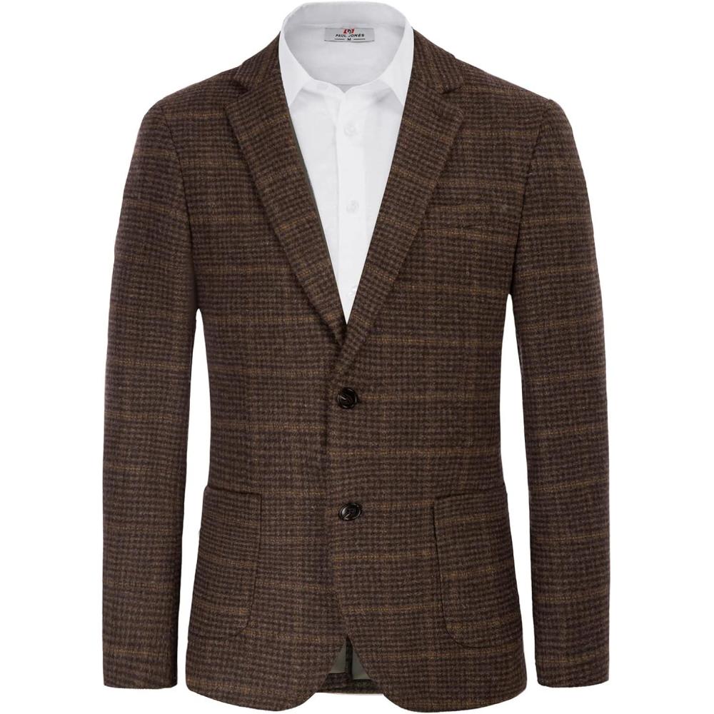 imagePJ PAUL JONES Mens Herringbone Tweed Blazer British Wool Blend Sport Coat JacketWine Red