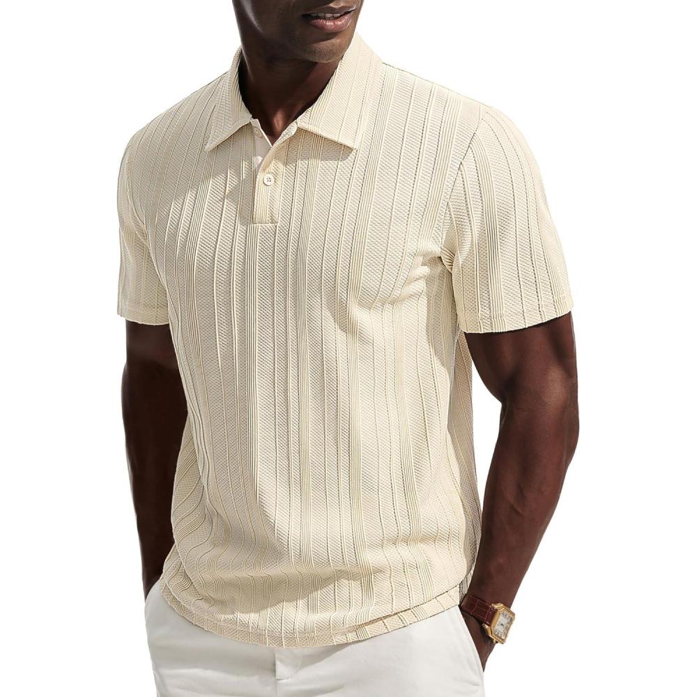 imagePJ PAUL JONES Mens Knit Polo Shirts Short Sleeve Textured Polo Shirt Casual Collared Button ShirtsBeige