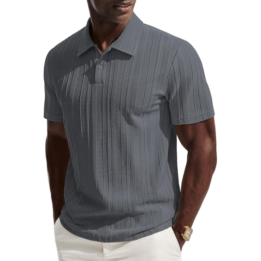 imagePJ PAUL JONES Mens Knit Polo Shirts Short Sleeve Textured Polo Shirt Casual Collared Button ShirtsGrey Blue