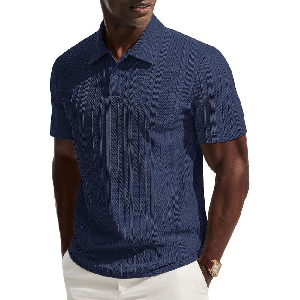 imagePJ PAUL JONES Mens Knit Polo Shirts Short Sleeve Textured Polo Shirt Casual Collared Button ShirtsNavy Blue