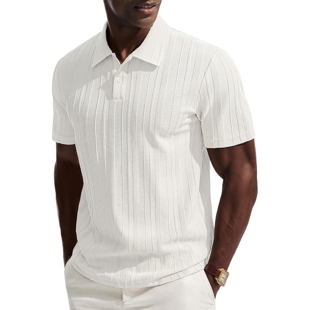 imagePJ PAUL JONES Mens Knit Polo Shirts Short Sleeve Textured Polo Shirt Casual Collared Button ShirtsWhite