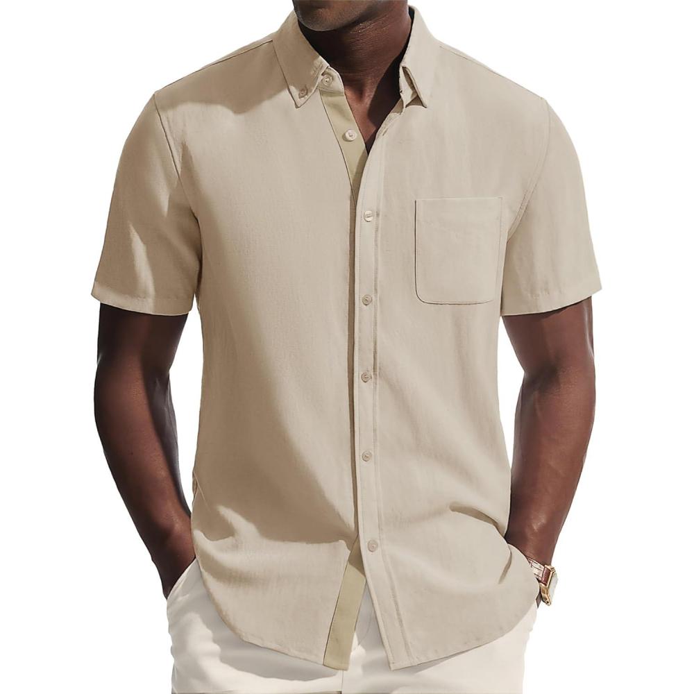 imagePJ PAUL JONES Mens Linen Shirt Button Down Short Sleeve Chambray Shirt Untucked Shirts for MenApricot