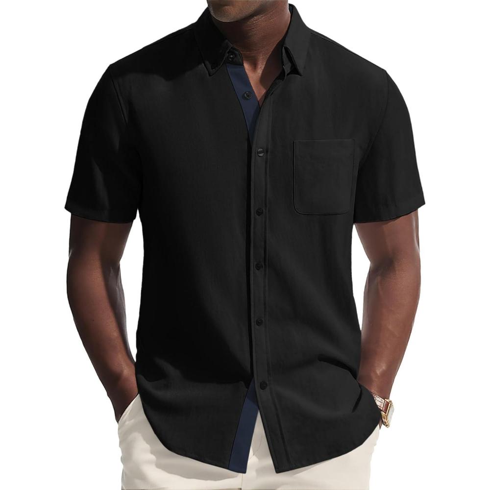 imagePJ PAUL JONES Mens Linen Shirt Button Down Short Sleeve Chambray Shirt Untucked Shirts for MenBlack
