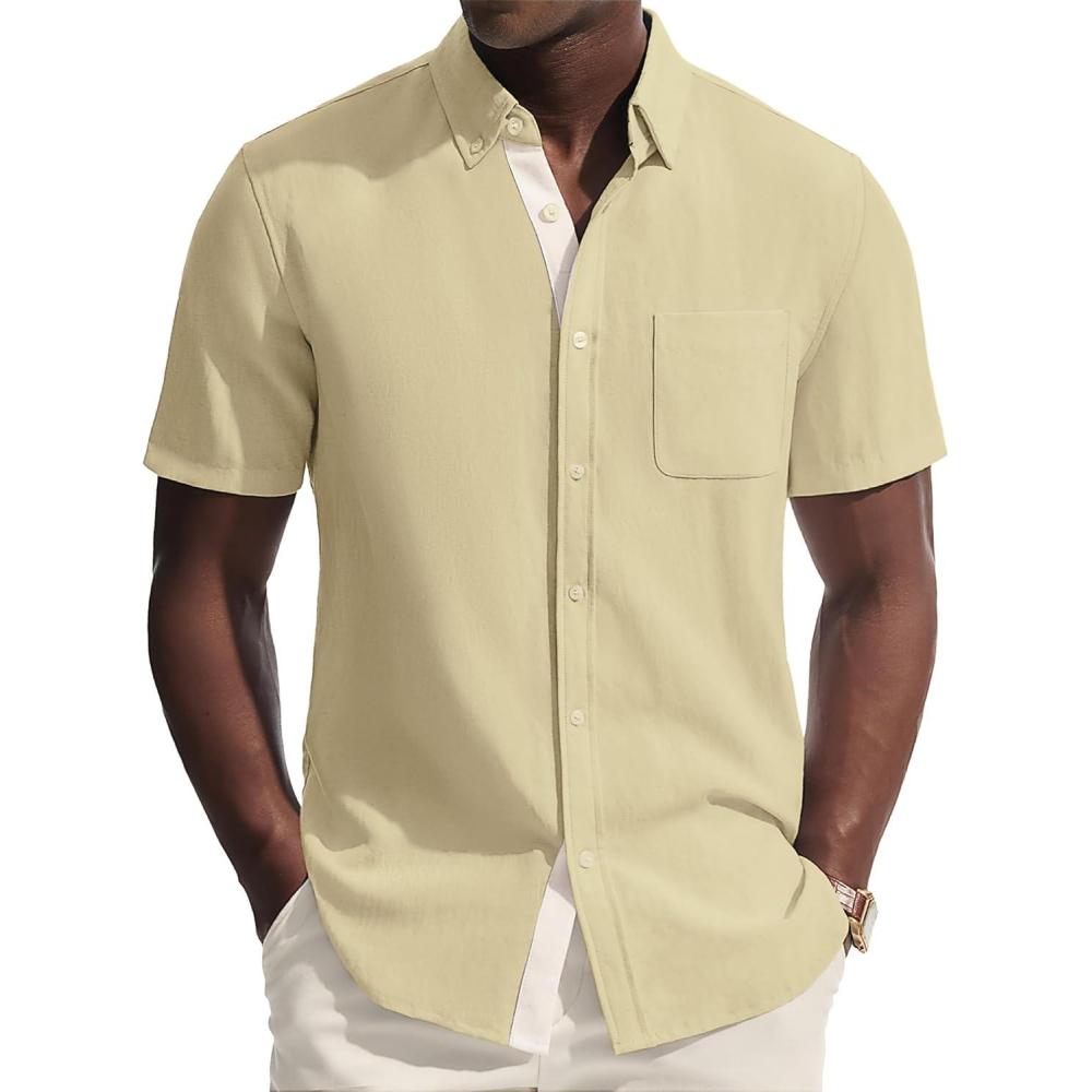 imagePJ PAUL JONES Mens Linen Shirt Button Down Short Sleeve Chambray Shirt Untucked Shirts for MenLight Yellow