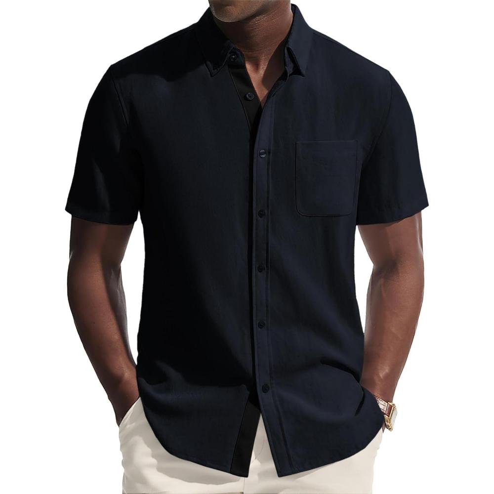 imagePJ PAUL JONES Mens Linen Shirt Button Down Short Sleeve Chambray Shirt Untucked Shirts for MenNavy