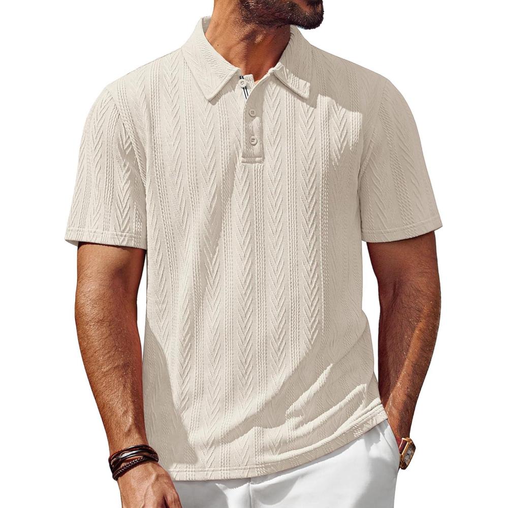 imagePJ PAUL JONES Mens Polo Shirts Short Sleeve Casual Textured Knit Polo Shirt for Men Goft CollaredApricot Beige