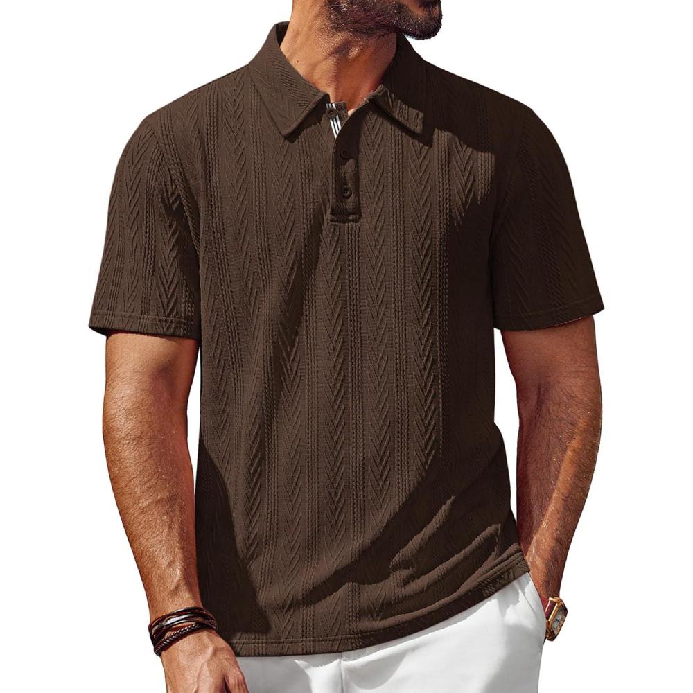 imagePJ PAUL JONES Mens Polo Shirts Short Sleeve Casual Textured Knit Polo Shirt for Men Goft CollaredCoffee Brown