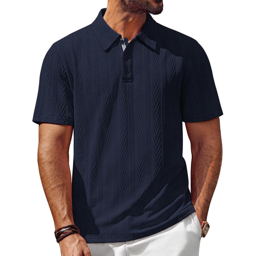 imagePJ PAUL JONES Mens Polo Shirts Short Sleeve Casual Textured Knit Polo Shirt for Men Goft CollaredNavy Blue