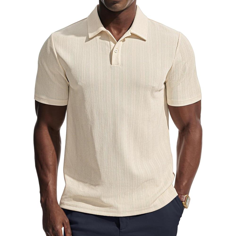 imagePJ PAUL JONES Mens Polo Shirts Short Sleeve Knit Polo Casaul Collared Polo Shirts WrinkleFree Golf PoloBeige