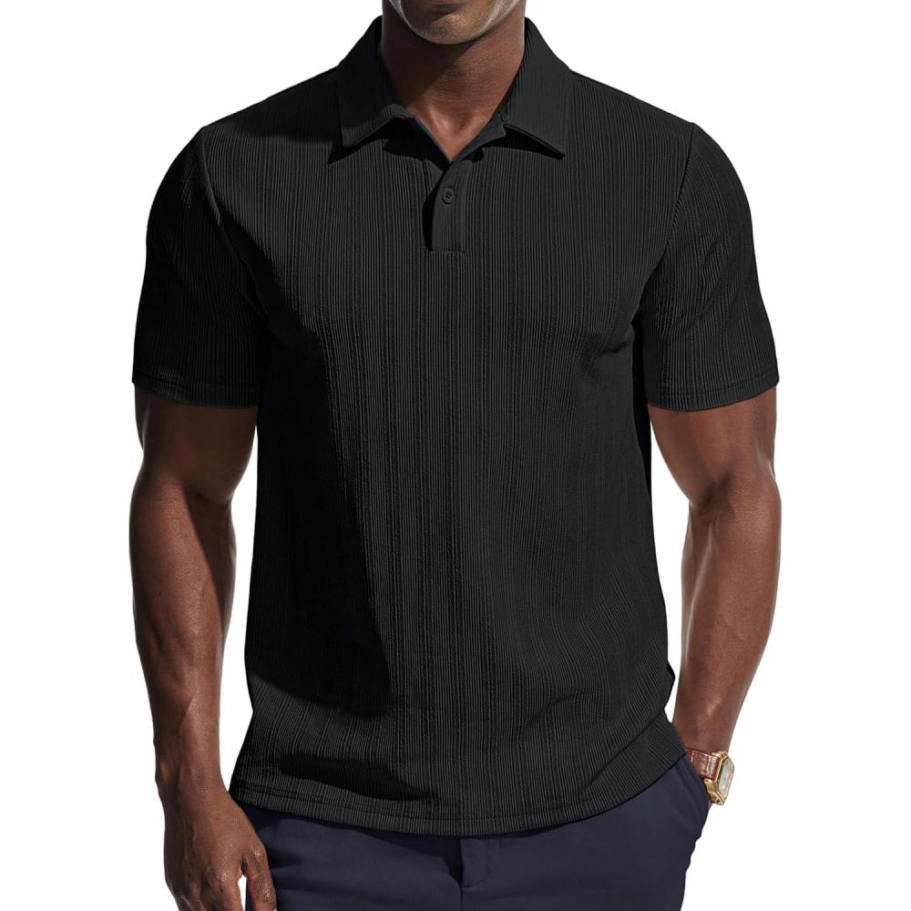 imagePJ PAUL JONES Mens Polo Shirts Short Sleeve Knit Polo Casaul Collared Polo Shirts WrinkleFree Golf PoloBlack