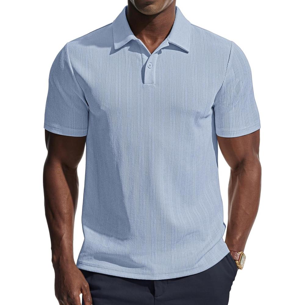 imagePJ PAUL JONES Mens Polo Shirts Short Sleeve Knit Polo Casaul Collared Polo Shirts WrinkleFree Golf PoloLight Blue