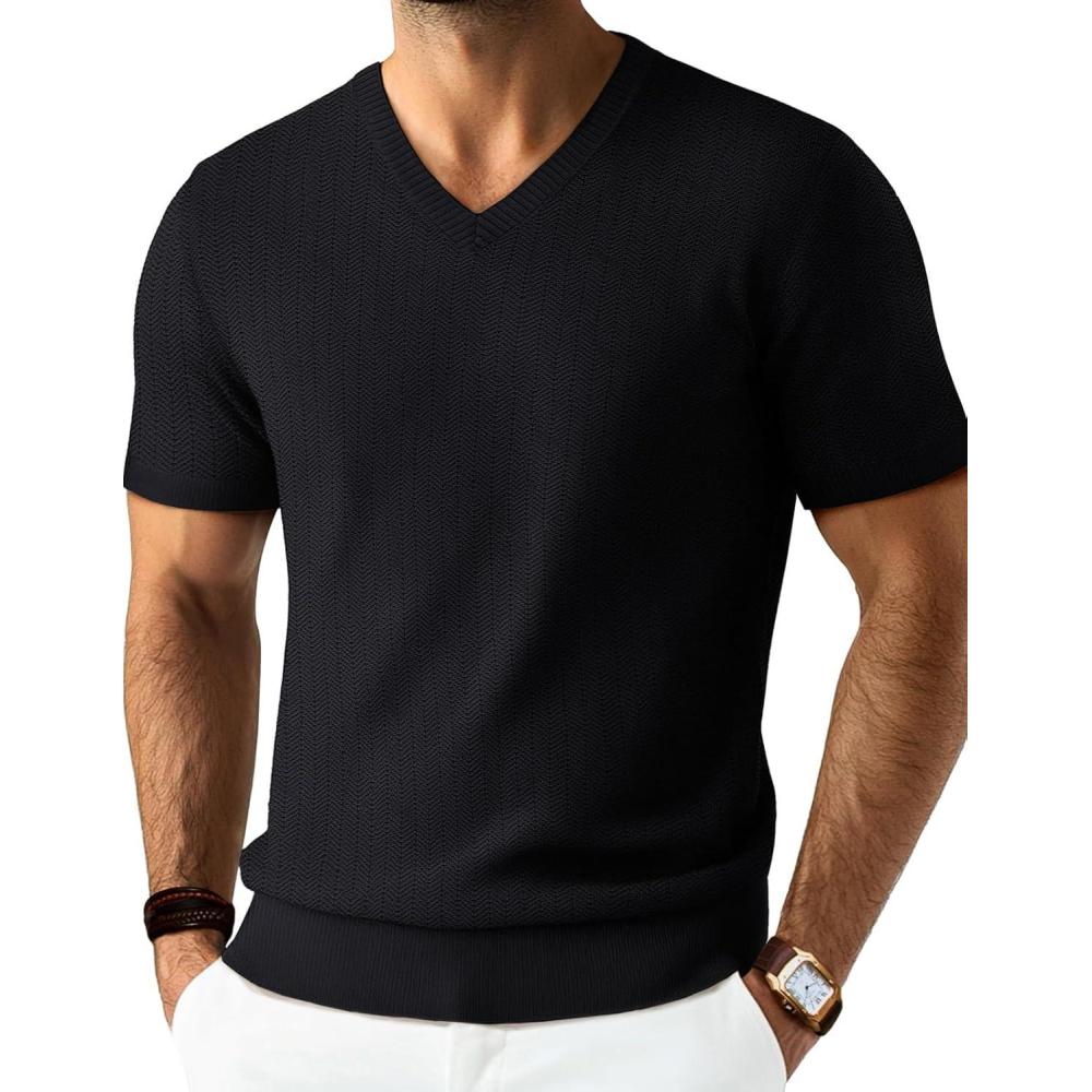 imagePJ PAUL JONES Mens T Shirts V Neck Short Sleeve Textured Herringbone Modern Fit Knit ShirtsBlack