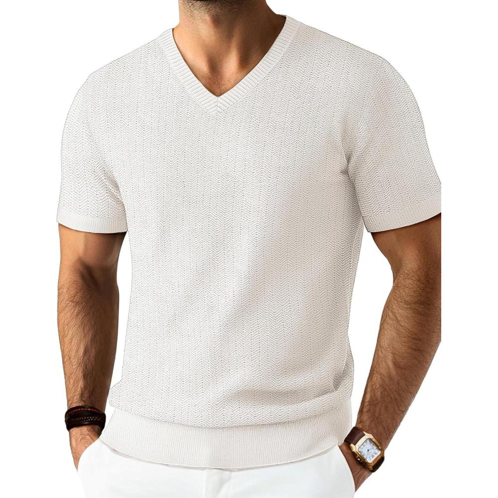 imagePJ PAUL JONES Mens T Shirts V Neck Short Sleeve Textured Herringbone Modern Fit Knit ShirtsIvory