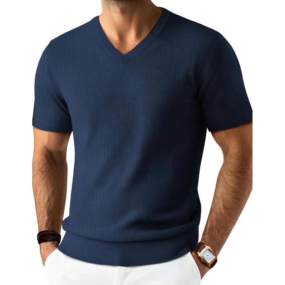 imagePJ PAUL JONES Mens T Shirts V Neck Short Sleeve Textured Herringbone Modern Fit Knit ShirtsRoyal Blue