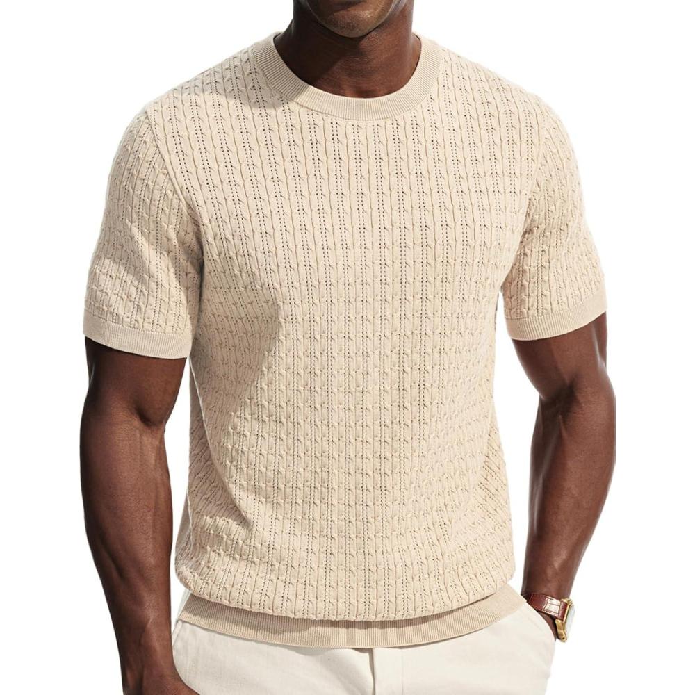 imagePJ PAUL JONES Mens TShirts Casual Hollow Out Summer Shirt Texture Crewneck Knit ShirtBeige