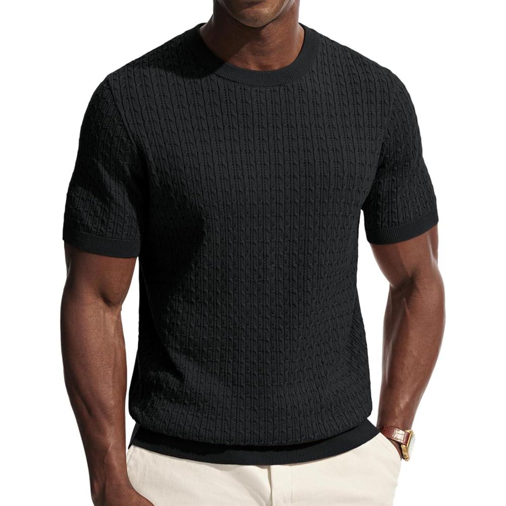 imagePJ PAUL JONES Mens TShirts Casual Hollow Out Summer Shirt Texture Crewneck Knit ShirtBlack
