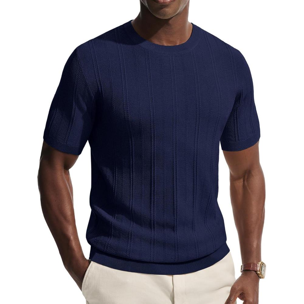 imagePJ PAUL JONES Mens TShirts Crew Neck T Shirts Short Sleeve Knit Shirt Casual Ribbed Top Basic Pullover TeesNavy Blue