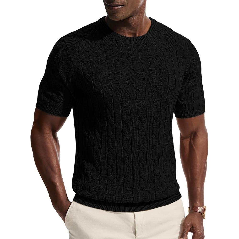 imagePJ PAUL JONES Mens TShirts Crewneck Tee Shirt Cable Knit Tee Short Sleeve Texture T ShirtBlack