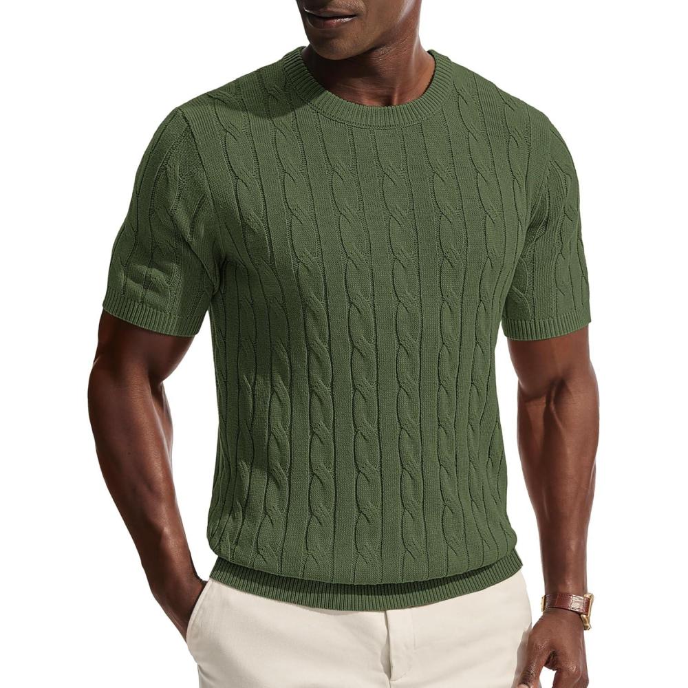 imagePJ PAUL JONES Mens TShirts Crewneck Tee Shirt Cable Knit Tee Short Sleeve Texture T ShirtGreen