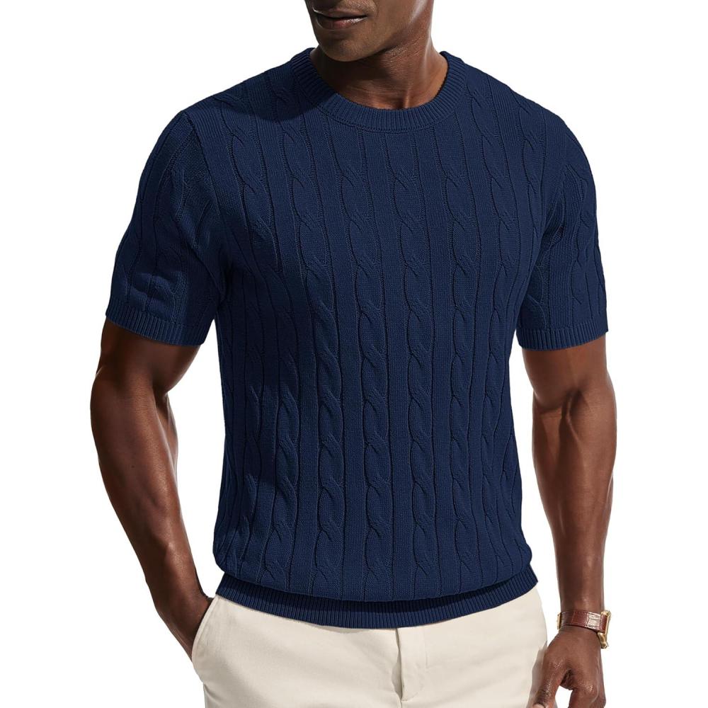 imagePJ PAUL JONES Mens TShirts Crewneck Tee Shirt Cable Knit Tee Short Sleeve Texture T ShirtNavy Blue