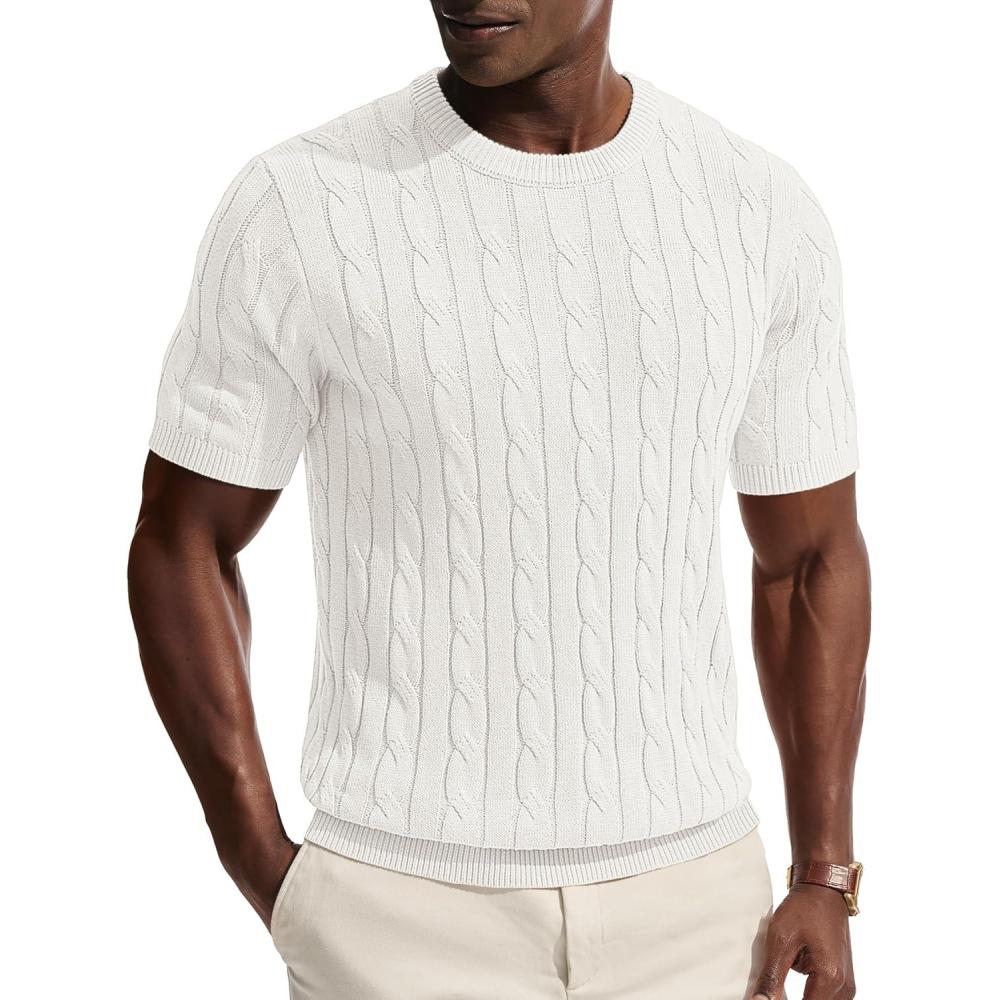 imagePJ PAUL JONES Mens TShirts Crewneck Tee Shirt Cable Knit Tee Short Sleeve Texture T ShirtWhite