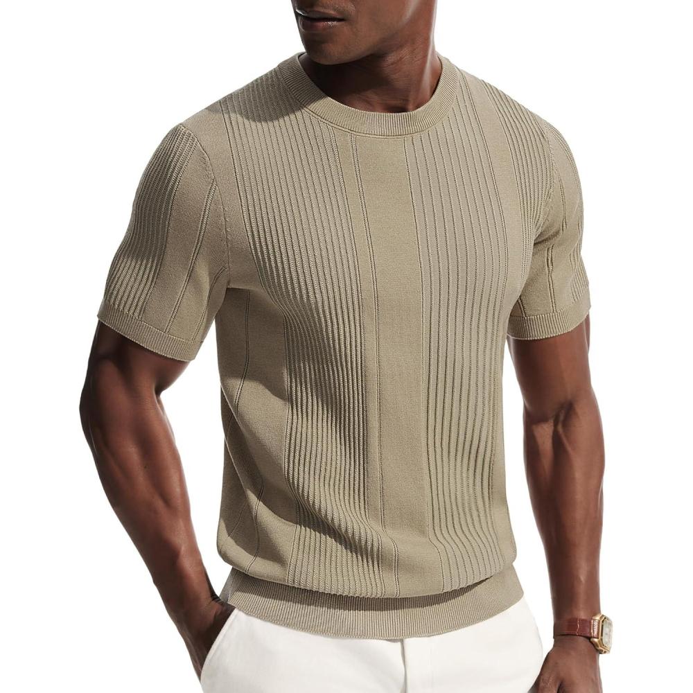 imagePJ PAUL JONES Mens TShirts Knit Tee Shirt Textured Crewneck Tee Short Sleeves T ShirtLight Khaki