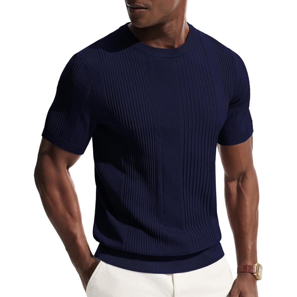 imagePJ PAUL JONES Mens TShirts Knit Tee Shirt Textured Crewneck Tee Short Sleeves T ShirtNavy Blue