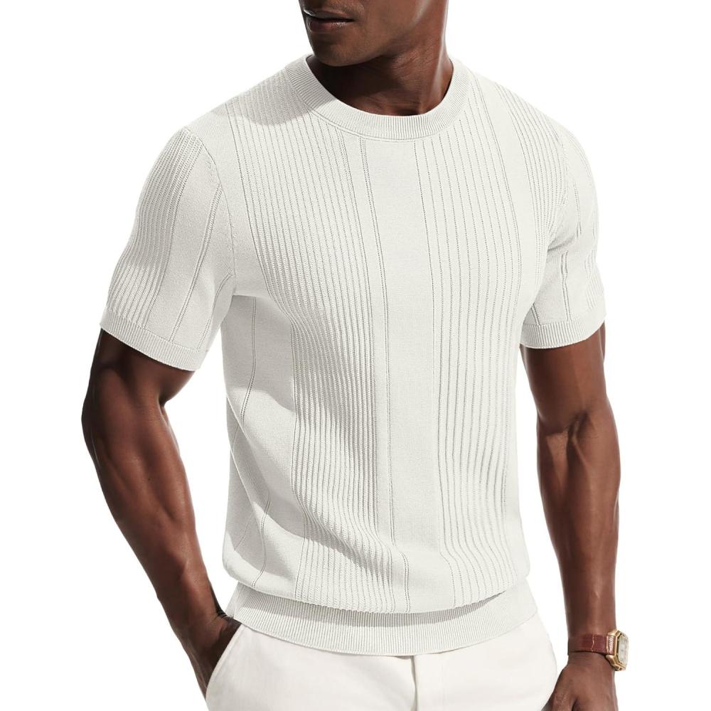 imagePJ PAUL JONES Mens TShirts Knit Tee Shirt Textured Crewneck Tee Short Sleeves T ShirtWhite