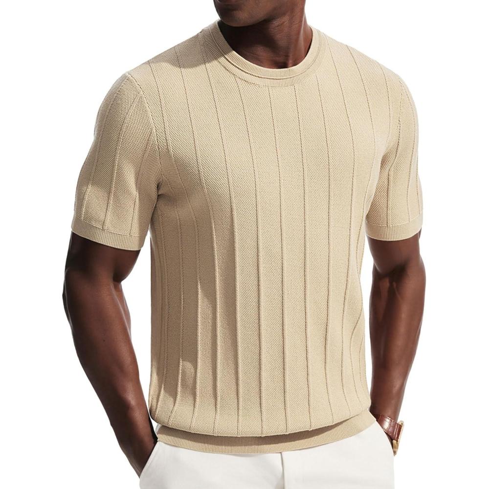 imagePJ PAUL JONES Mens TShirts Short Sleeve Crewneck Knit Texture Shirt Fashion Casual Stretch Tee ShirtsBeige