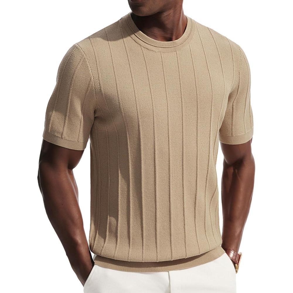 imagePJ PAUL JONES Mens TShirts Short Sleeve Crewneck Knit Texture Shirt Fashion Casual Stretch Tee ShirtsKhaki