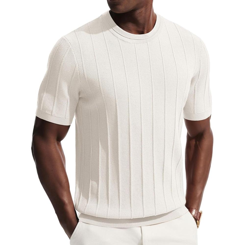 imagePJ PAUL JONES Mens TShirts Short Sleeve Crewneck Knit Texture Shirt Fashion Casual Stretch Tee ShirtsOffwhite