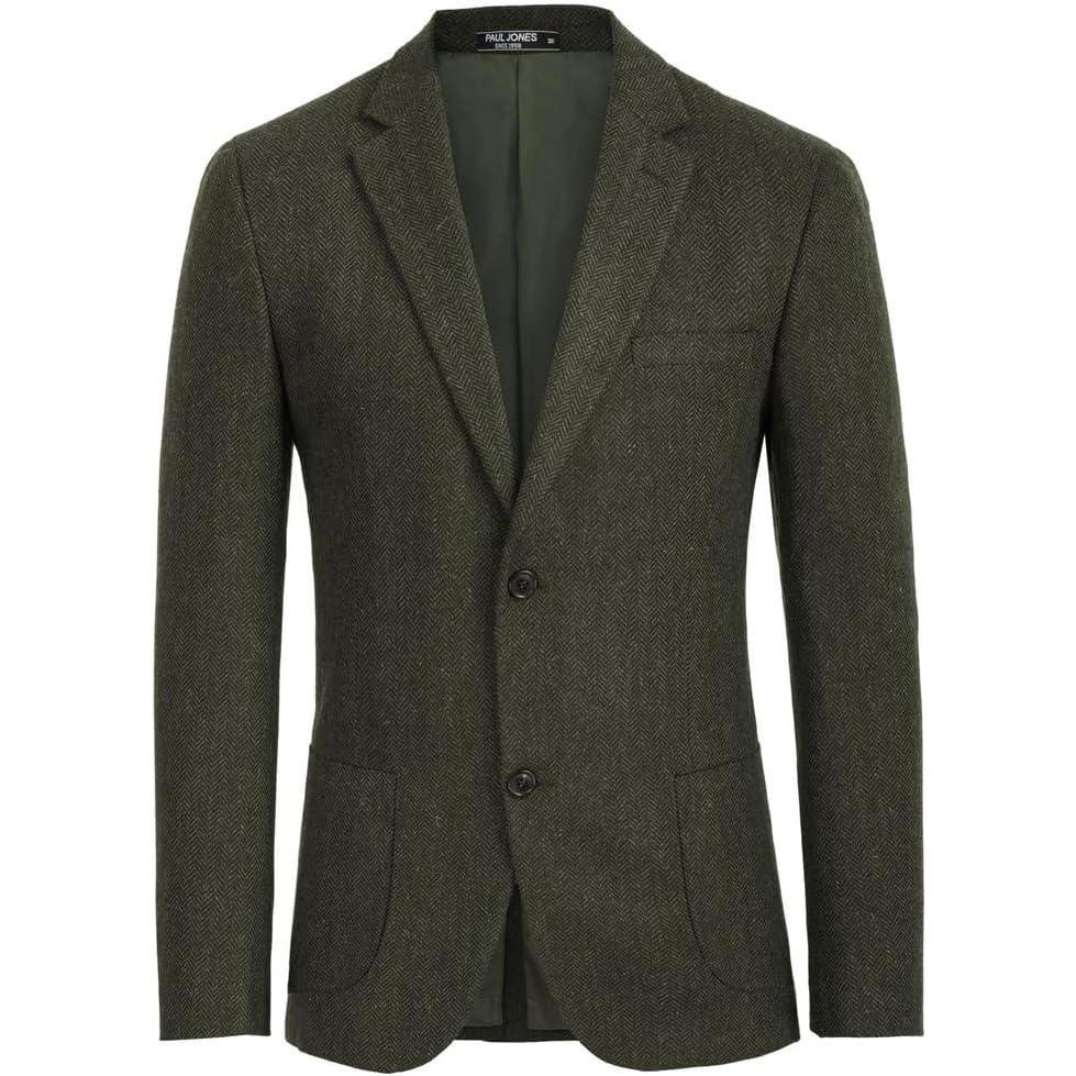 imagePJ PAUL JONES Mens Tweed Blazer Vintage Wool Blend Blazers Herringbone Two Button Sport CoatArmy Green