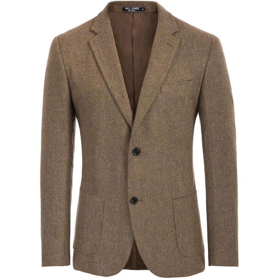 imagePJ PAUL JONES Mens Tweed Blazer Vintage Wool Blend Blazers Herringbone Two Button Sport CoatCoffee