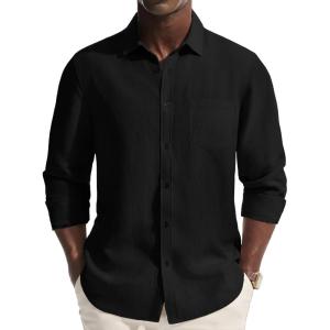 PJ PAUL JONES Men’s Casual Button Down Shirts Long Sleeve Linen Beach Wedding Shirt Summer Vacation Shirt for Men(Black)