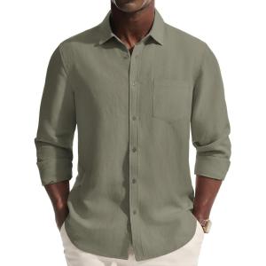 PJ PAUL JONES Men’s Casual Button Down Shirts Long Sleeve Linen Beach Wedding Shirt Summer Vacation Shirt for Men(Gray Green)