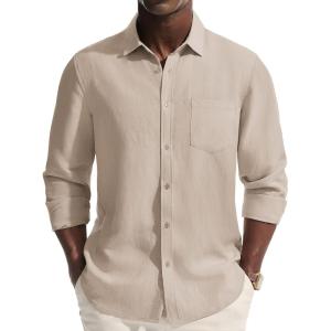 PJ PAUL JONES Men’s Casual Button Down Shirts Long Sleeve Linen Beach Wedding Shirt Summer Vacation Shirt for Men(Khaki)