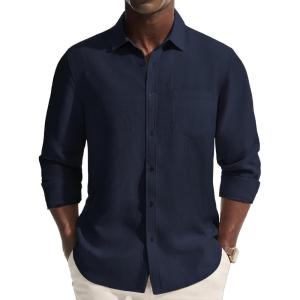 PJ PAUL JONES Men’s Casual Button Down Shirts Long Sleeve Linen Beach Wedding Shirt Summer Vacation Shirt for Men(Navy)