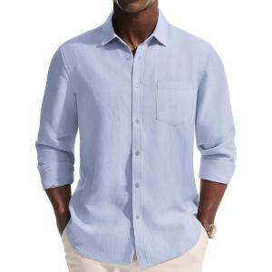 PJ PAUL JONES Men’s Casual Button Down Shirts Long Sleeve Linen Beach Wedding Shirt Summer Vacation Shirt for Men(Sky Blue)
