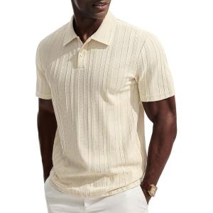 PJ PAUL JONES Mens Knit Polo Shirts Short Sleeve Textured Polo Shirt Casual Collared Button Shirts(Beige)