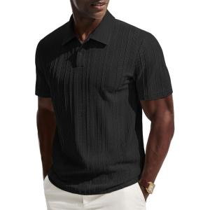 PJ PAUL JONES Mens Knit Polo Shirts Short Sleeve Textured Polo Shirt Casual Collared Button Shirts(Black)