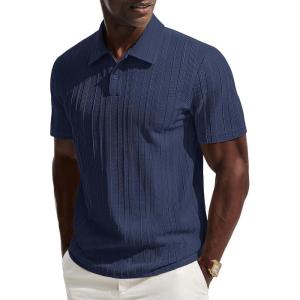 PJ PAUL JONES Mens Knit Polo Shirts Short Sleeve Textured Polo Shirt Casual Collared Button Shirts(Navy Blue)