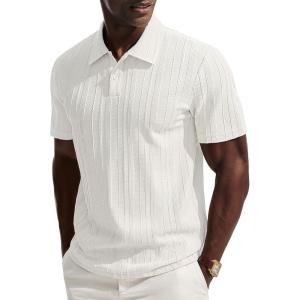 PJ PAUL JONES Mens Knit Polo Shirts Short Sleeve Textured Polo Shirt Casual Collared Button Shirts(White)