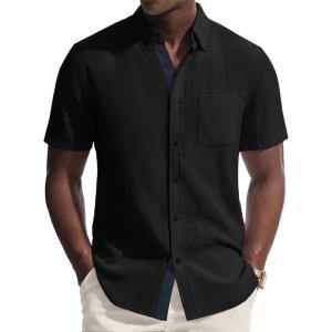 PJ PAUL JONES Mens Linen Shirt Button Down Short Sleeve Chambray Shirt Untucked Shirts for Men(Black)