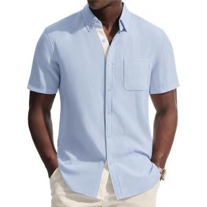 PJ PAUL JONES Mens Linen Shirt Button Down Short Sleeve Chambray Shirt Untucked Shirts for Men(Sky Blue)